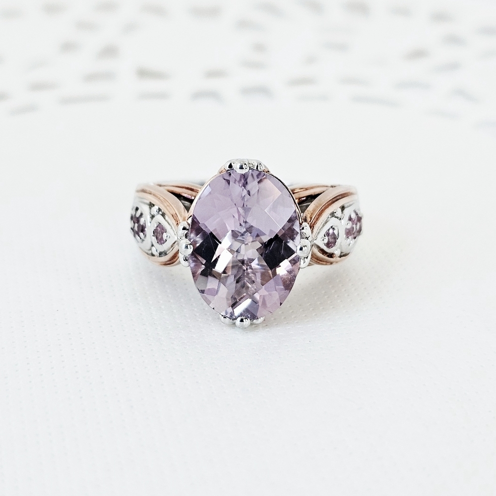 Rare Victoria Wieck Kunzite & Garnet Ring 18k Rose Gold & Sterling Silver Sz 7 - Picture 2 of 8
